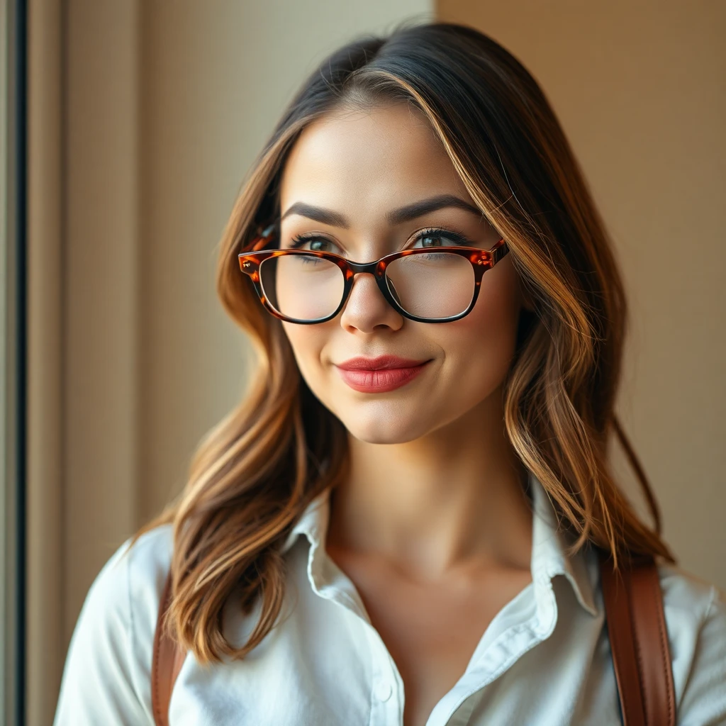 AI glasses try on — rectangular frames on woman's face