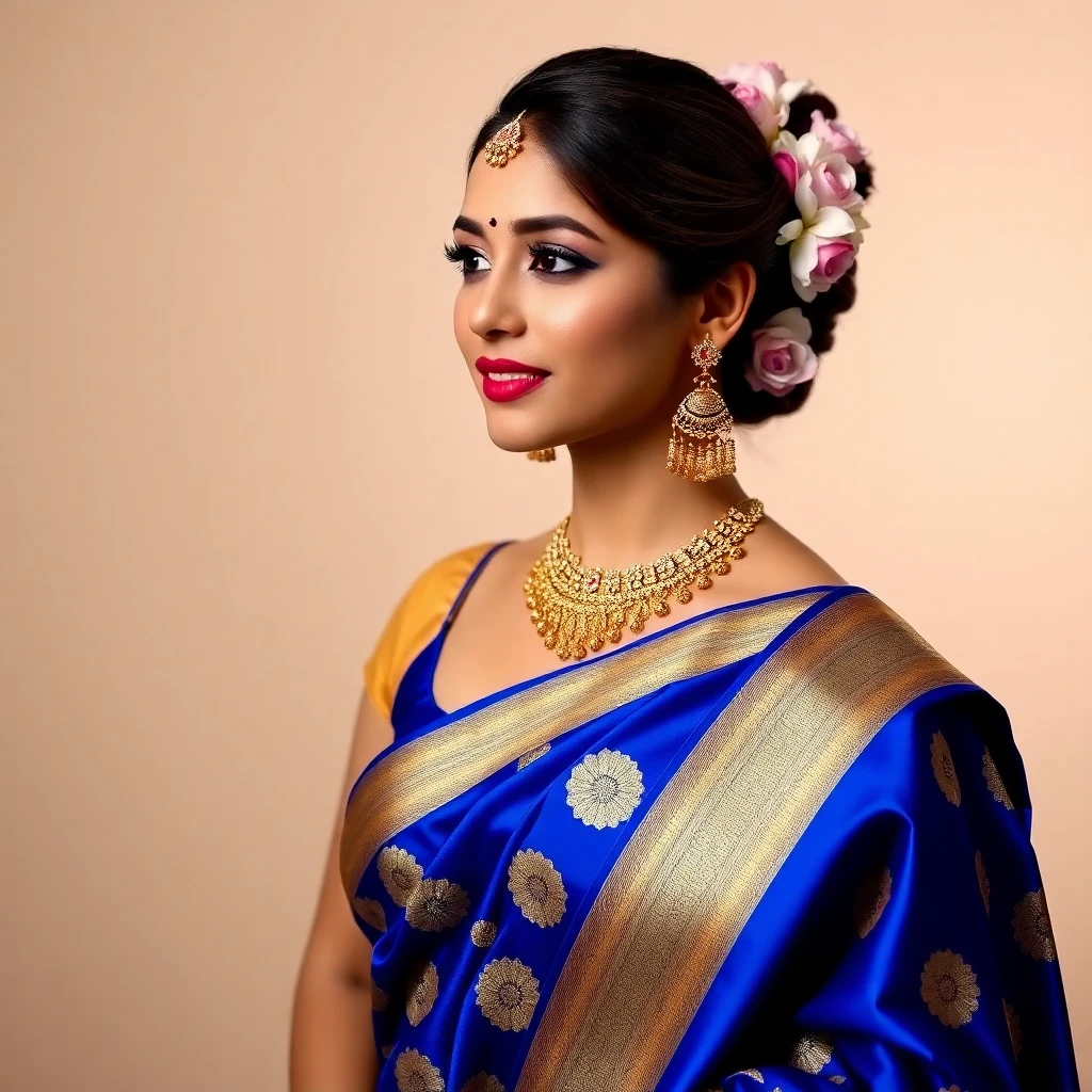 AI saree photo — woman in a teal Kanjivaram saree with traditional temple border
